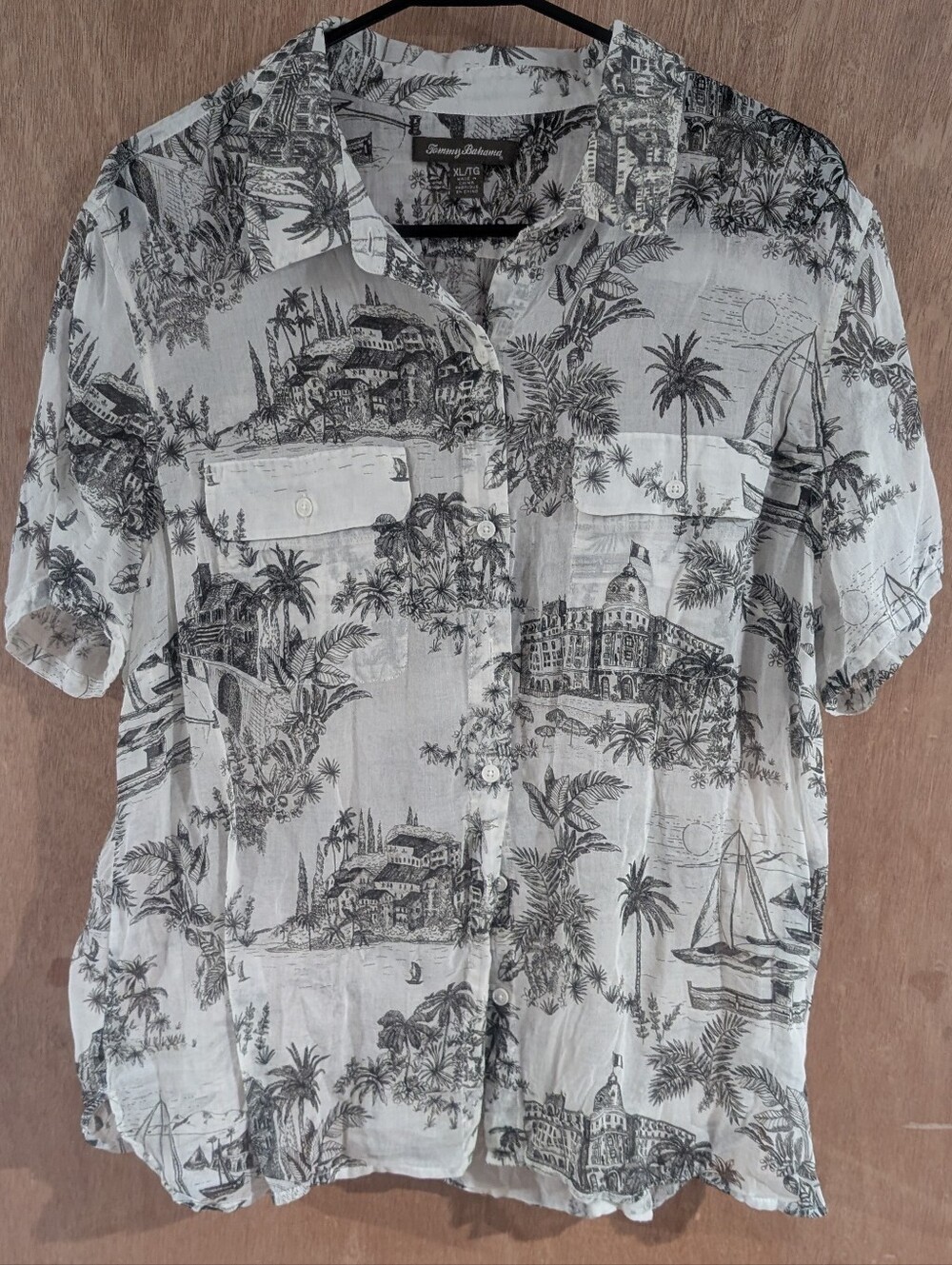 Tommy Bahama White and Black Tropical Scenic Button-Down Shirt